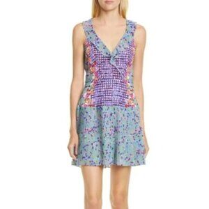 Saloni Amy Bright Floral Silk Ruffle V-Neck Mini Dress, Size 6